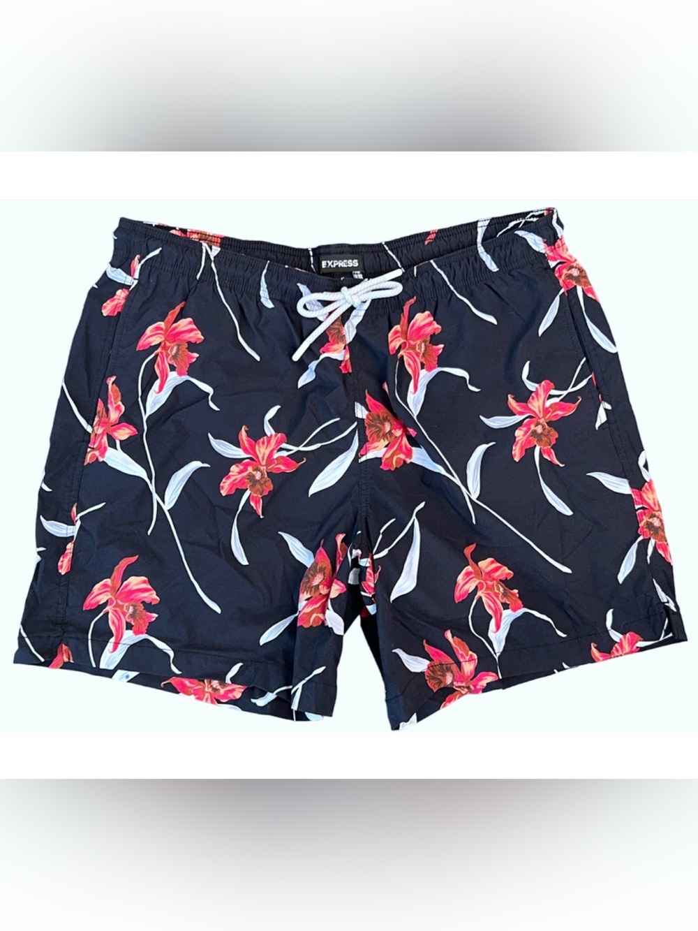 NEW EXPRESS NAVY BLUE FLORAL PRINTED DRAWSTRING SWIM SHORTS SIZE XL
